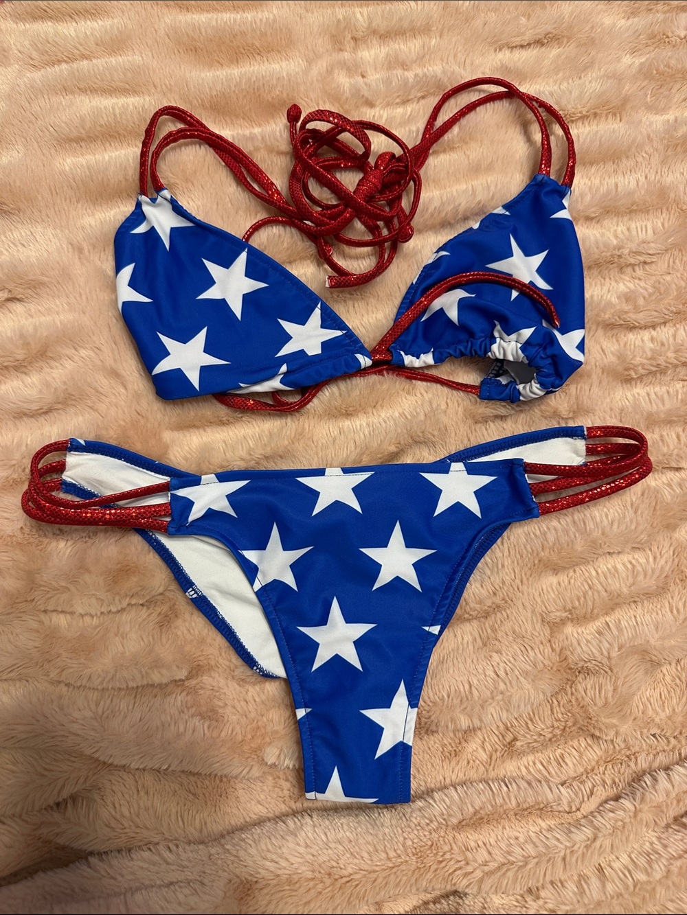Blue Star Print Triangle Bikini with Red Straps - Picture 3 of 10